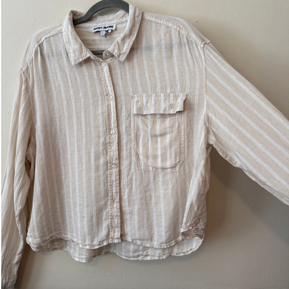 DKNY Jeans Striped Linen Rayon Cropped Button Shirt Size L